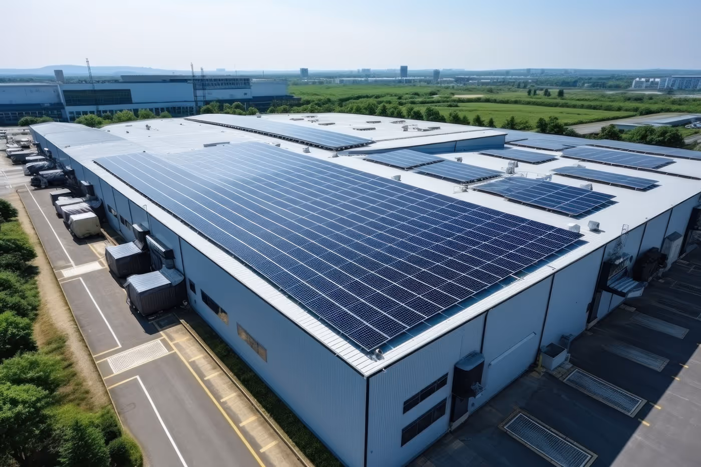 Aerial shot of commercial building roof covered in solar panels