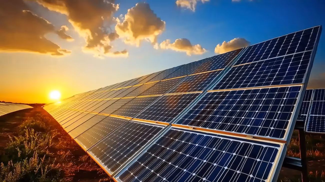 Solar panels in a field at sunset