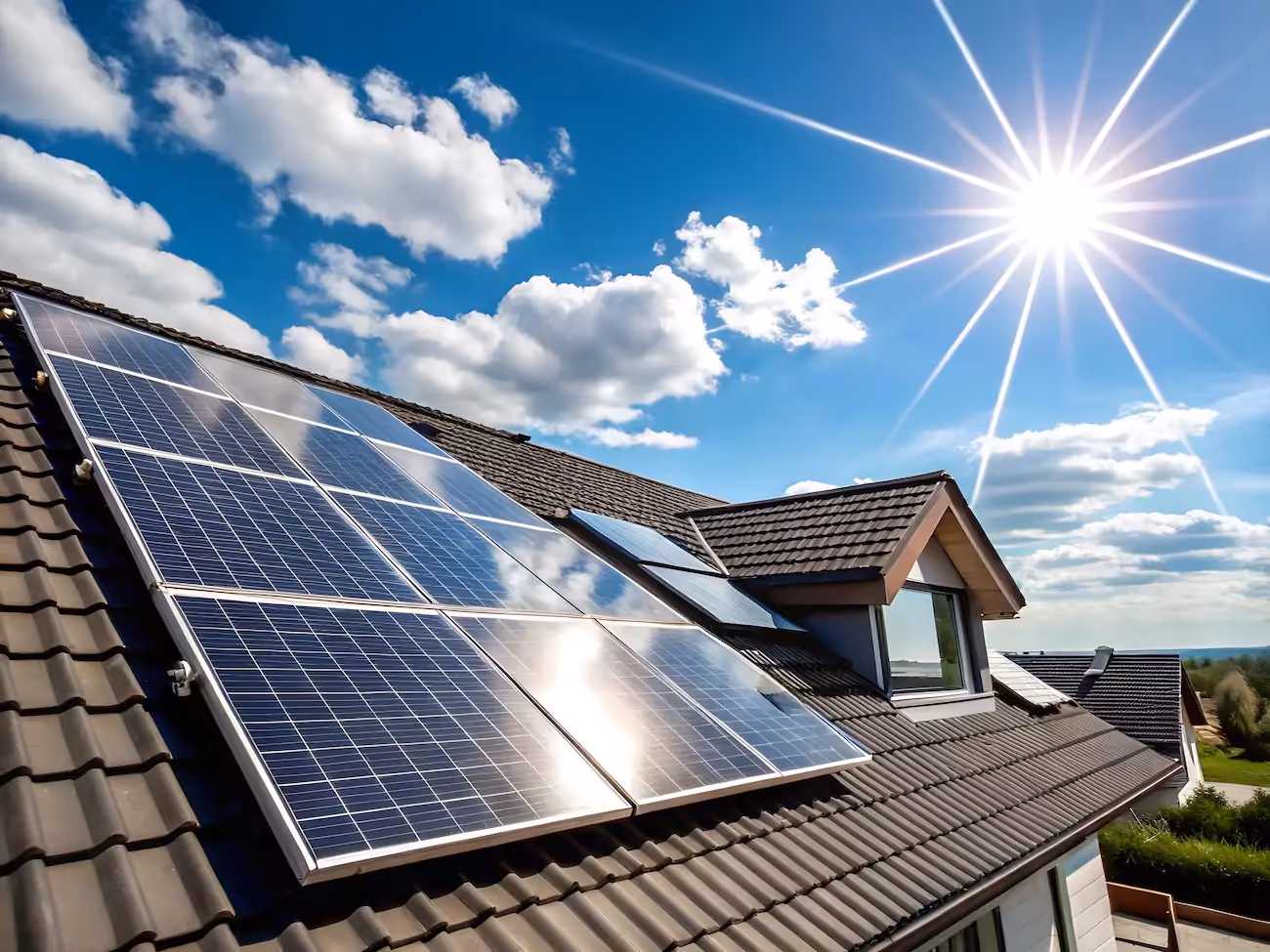 Solar panels on the roof of a house on a sunny day