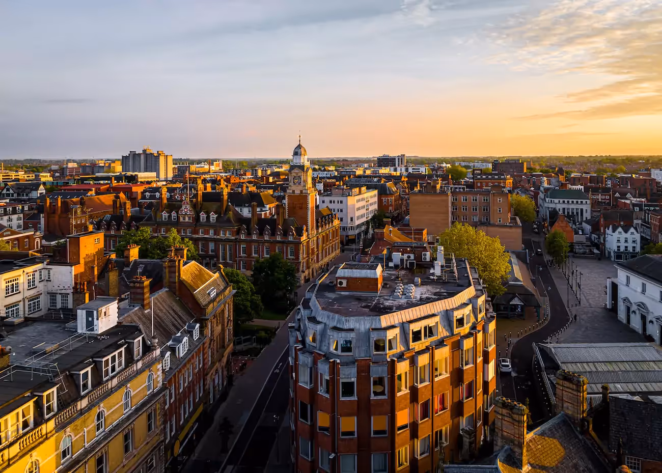 Aerial shot of Leicester at sunrise