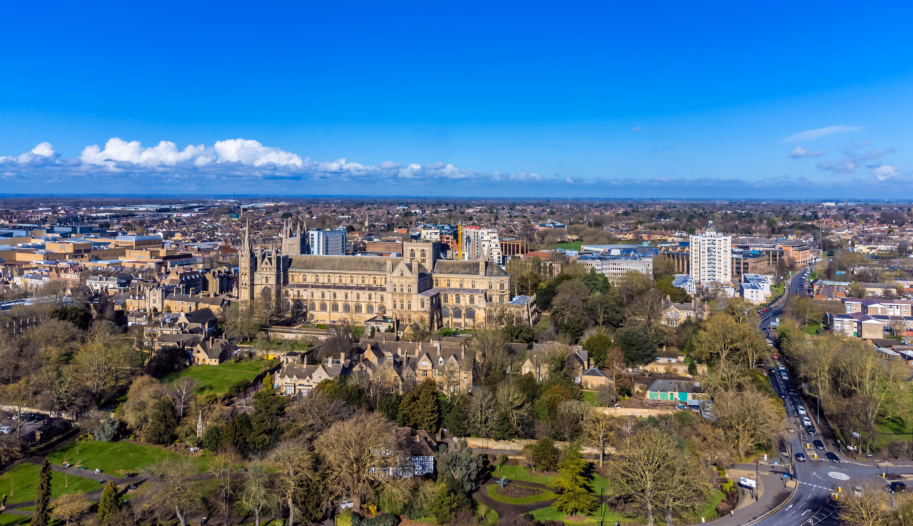 Aerial shot of Peterborough on sunny day