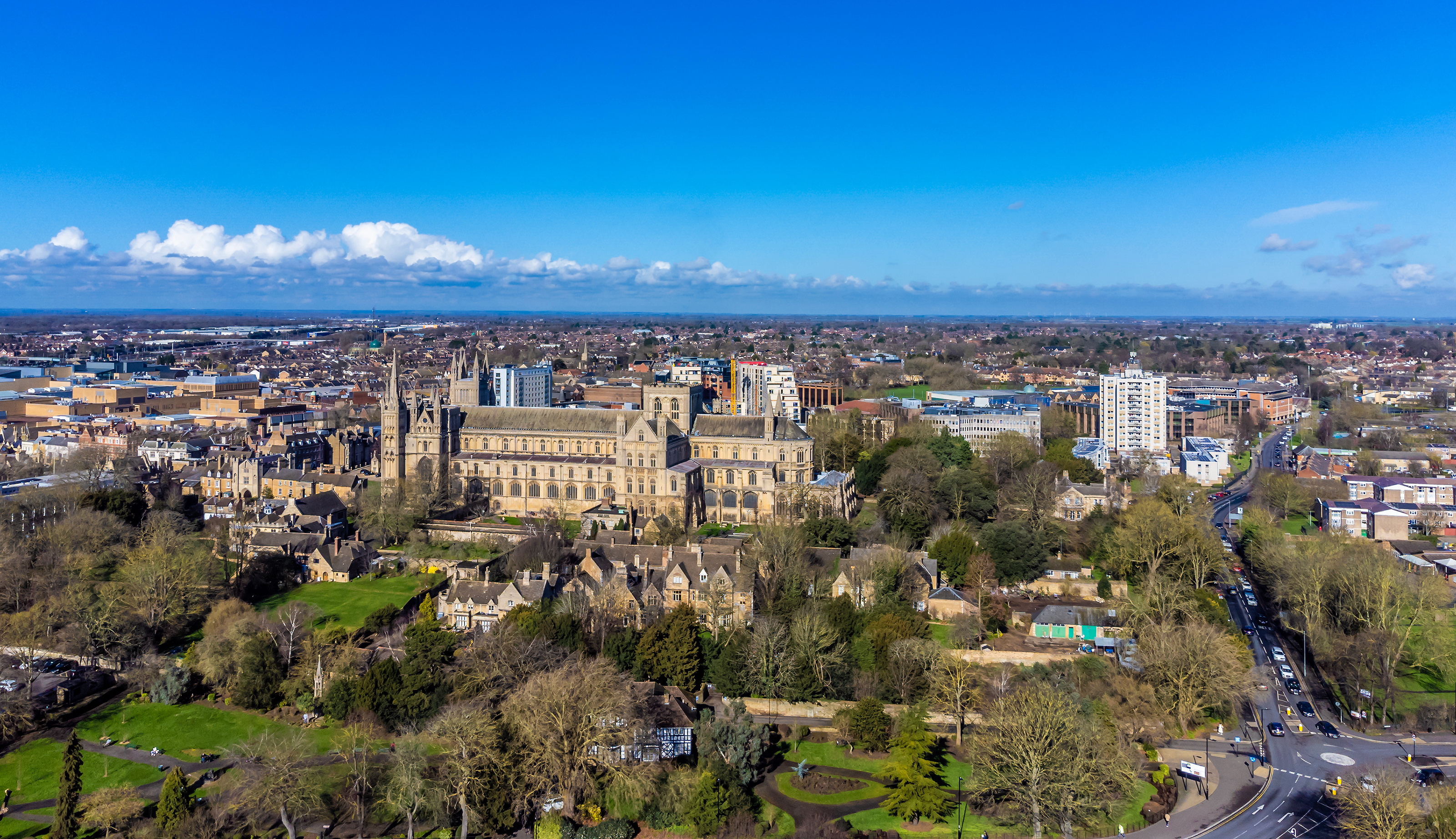 Aerial shot of Peterborough on sunny day