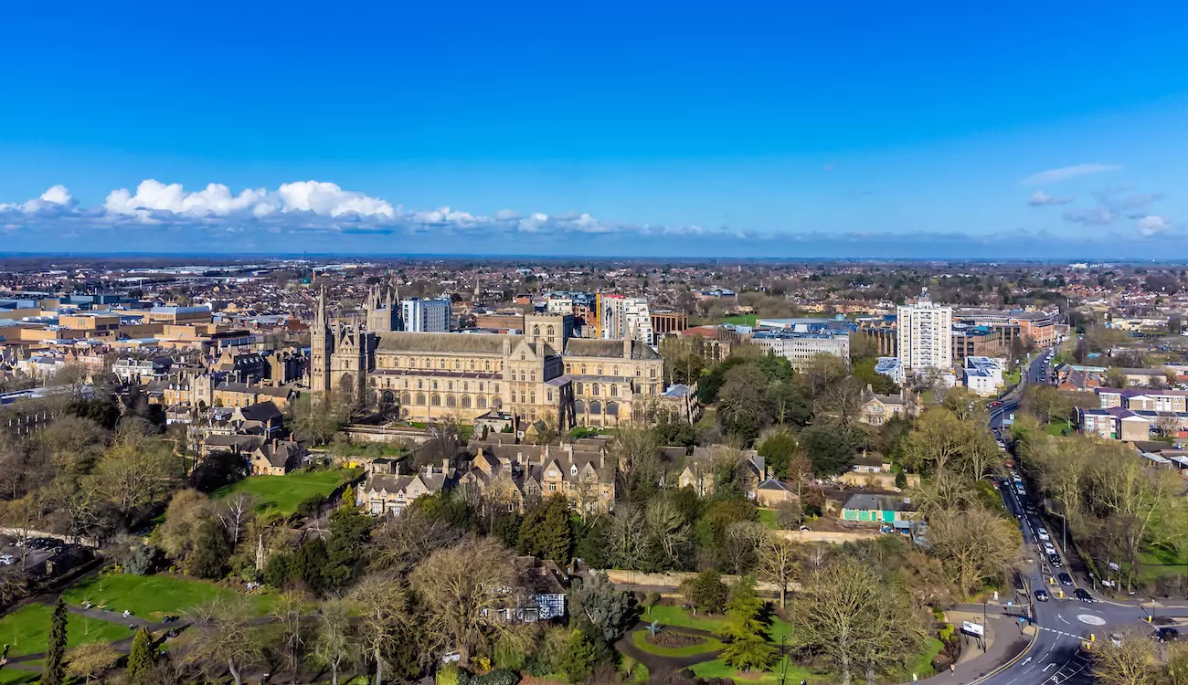Birds-eye view of Peterborough.