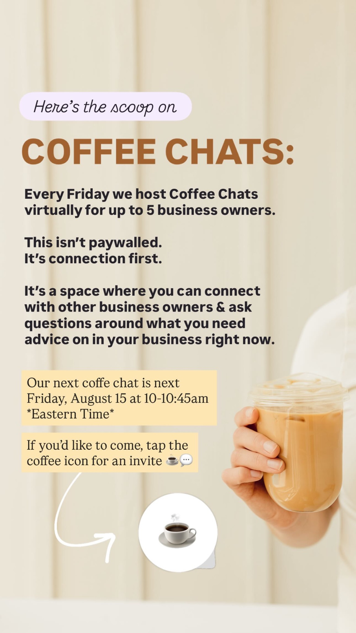A screenshot of an Instagram Story inviting people to join a "coffee chat" and to tap a coffee cup emoji sticker