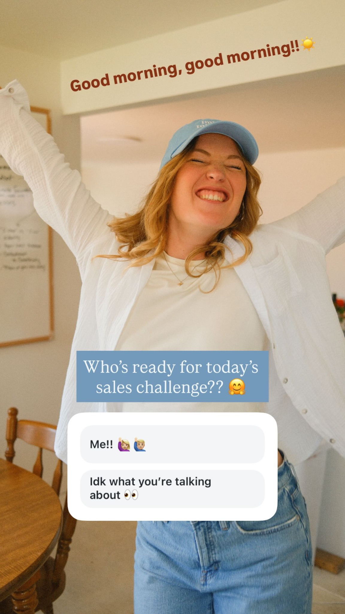 A screenshot of an instagram story with a question "who's ready for today's sales challenge" and a poll with the option "Me" selected
