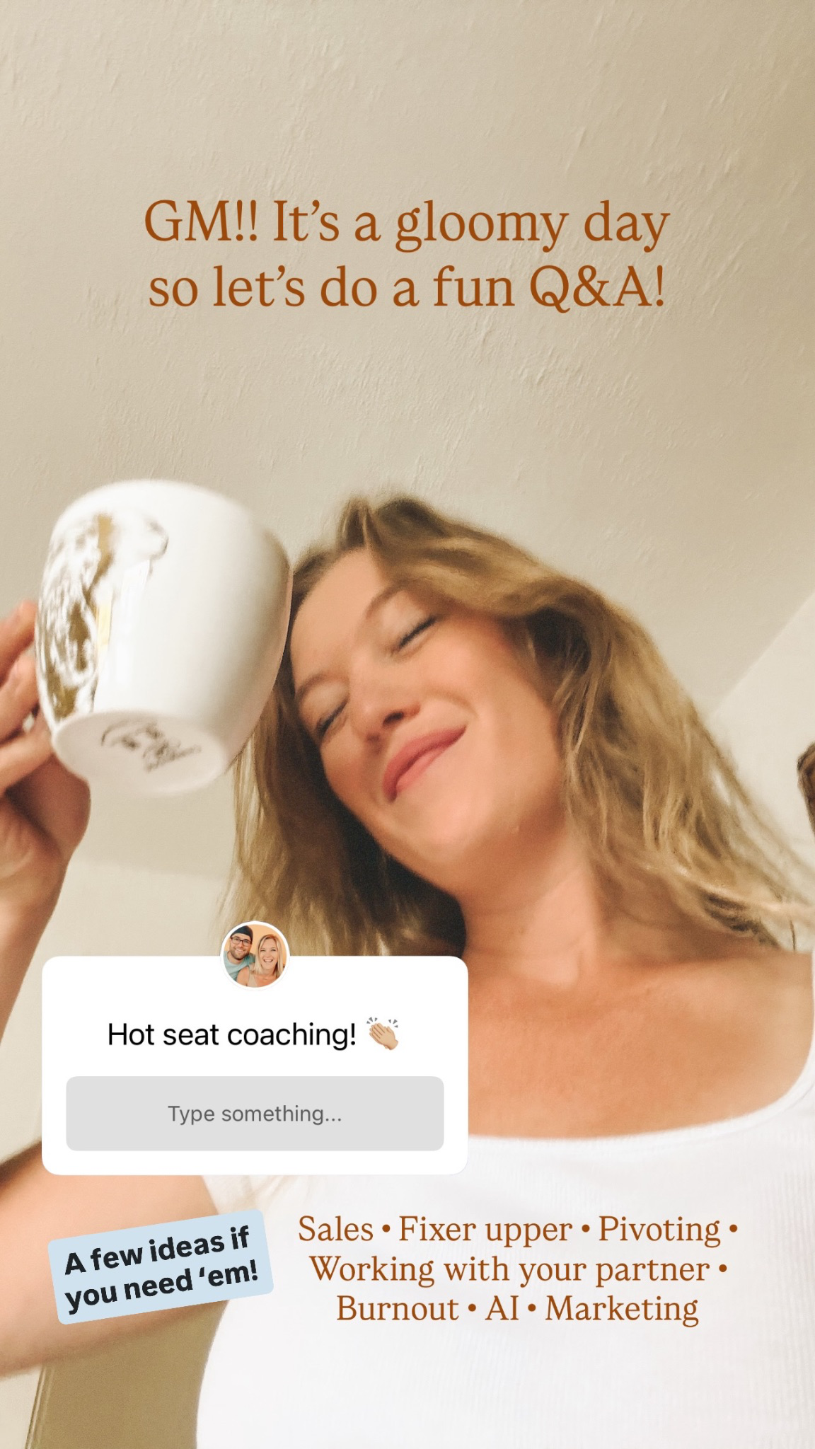 A screenshot of an instagram story with a question box for "hot seat coaching"