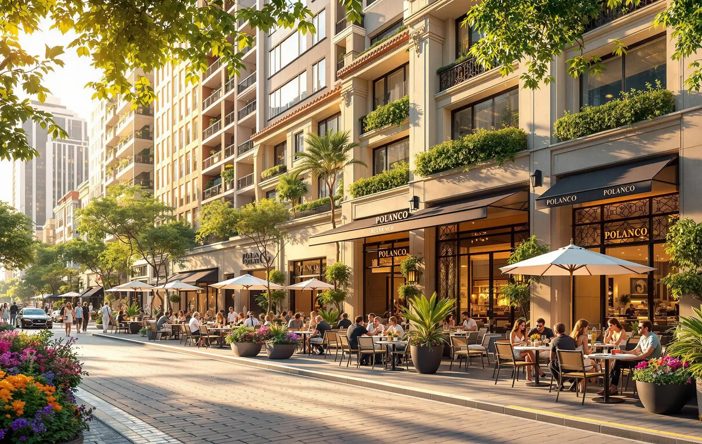 Outdoor restaurant seating on a lively city street with plants and tall buildings.