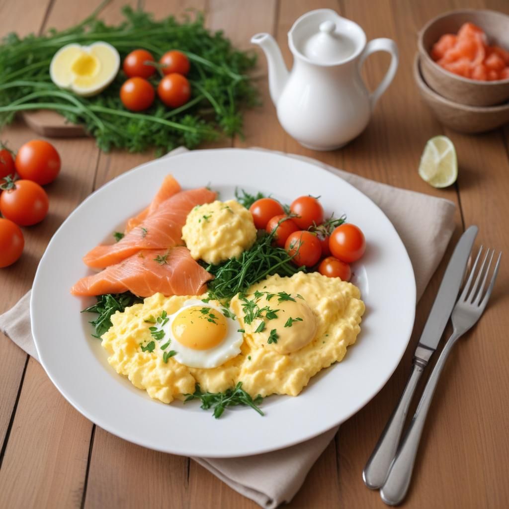 Silkinpehmeä munakokkeli savulohella, yrteillä ja paistetuilla tomaateilla – perinteinen ja rakastettu aamiainen suomalaiseen tapaan.