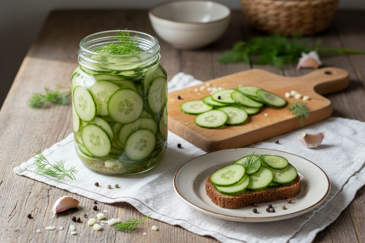 Perinteinen mummonkurkku-ohje, jossa avomaankurkut marinoidaan etikka-sokeriliemessä tuoreen tillin kera.