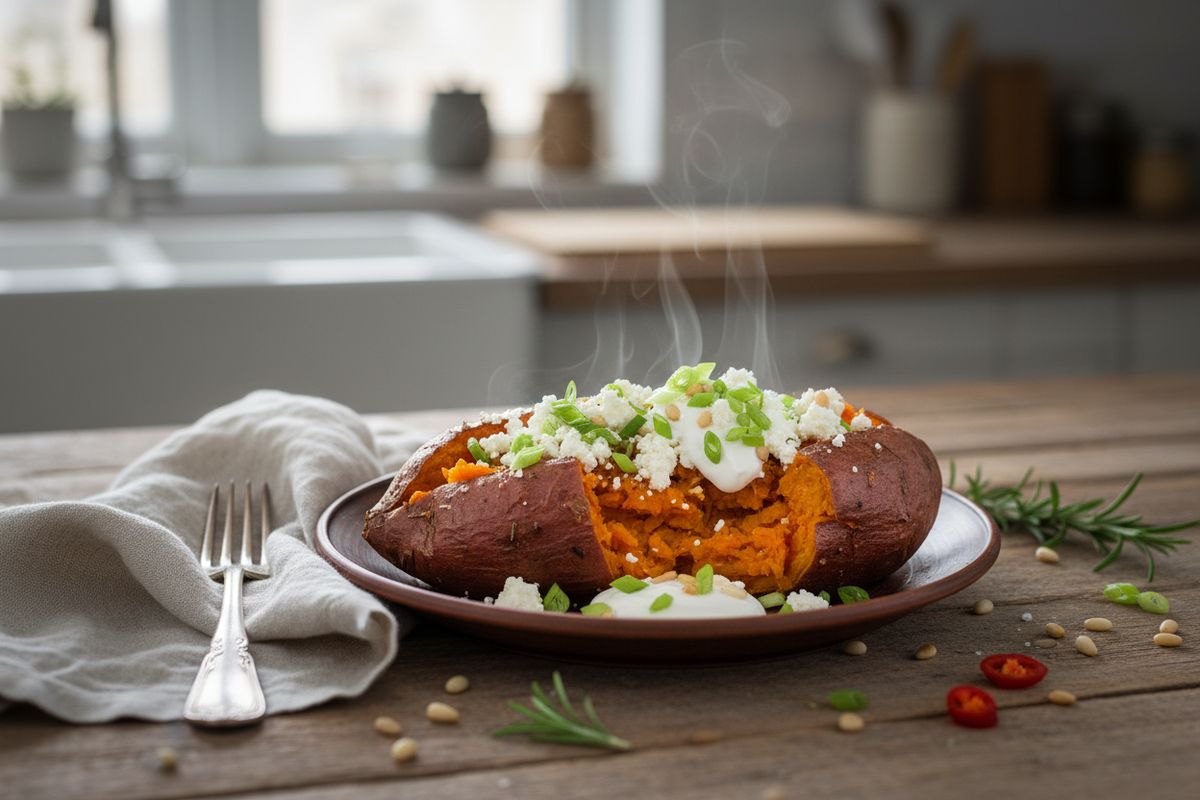 Sametinpehmeä bataatti valmistuu mikroaaltouunissa nopeasti – täytä se perinteisillä uuniperunan lisukkeilla tai lohella.