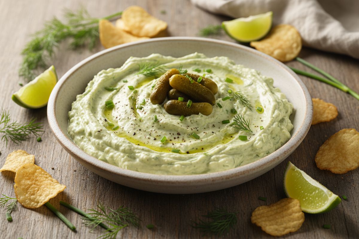 Kermainen ja raikas suolakurkkudippi, joka syntyy nopeasti ja katoaa juhlapöydästä vielä nopeammin.