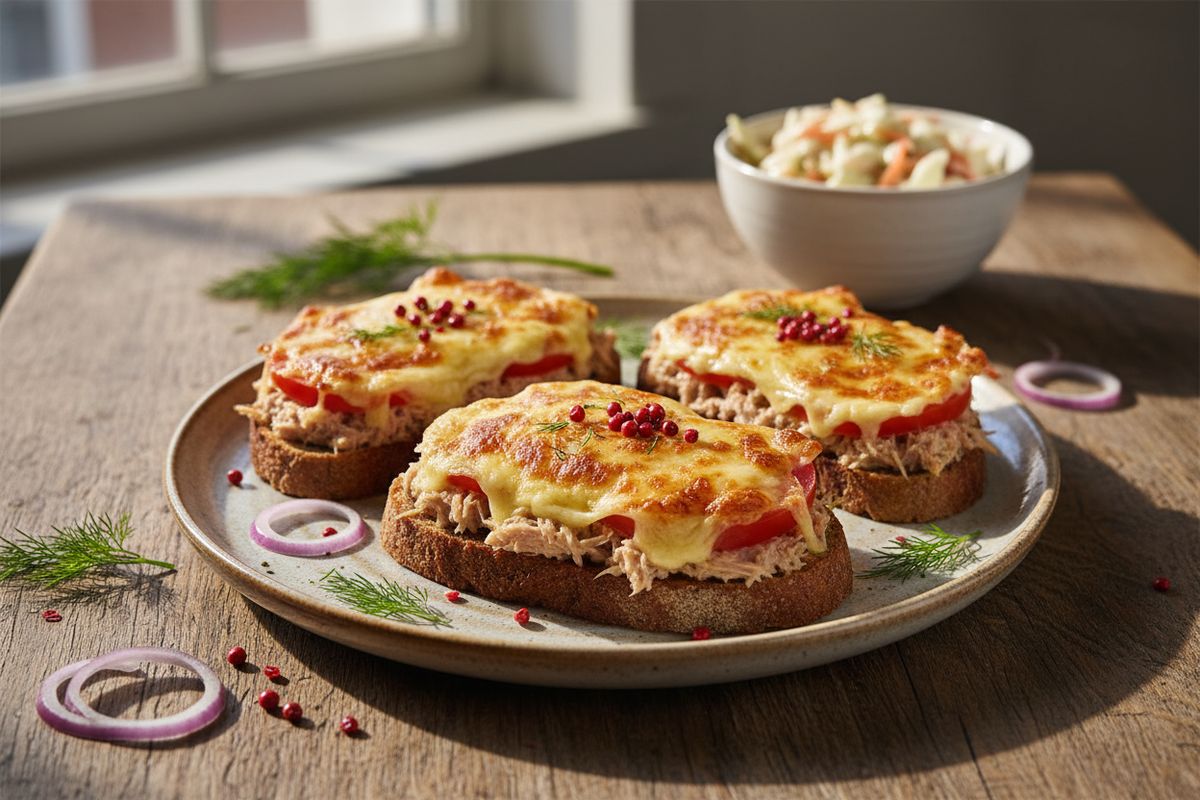 Mehevä lämmin tonnikalaleipä juusto-munakuorrutuksella ja roséepippurilla – nopea ja maukas arkiruoka suoraan uunista.