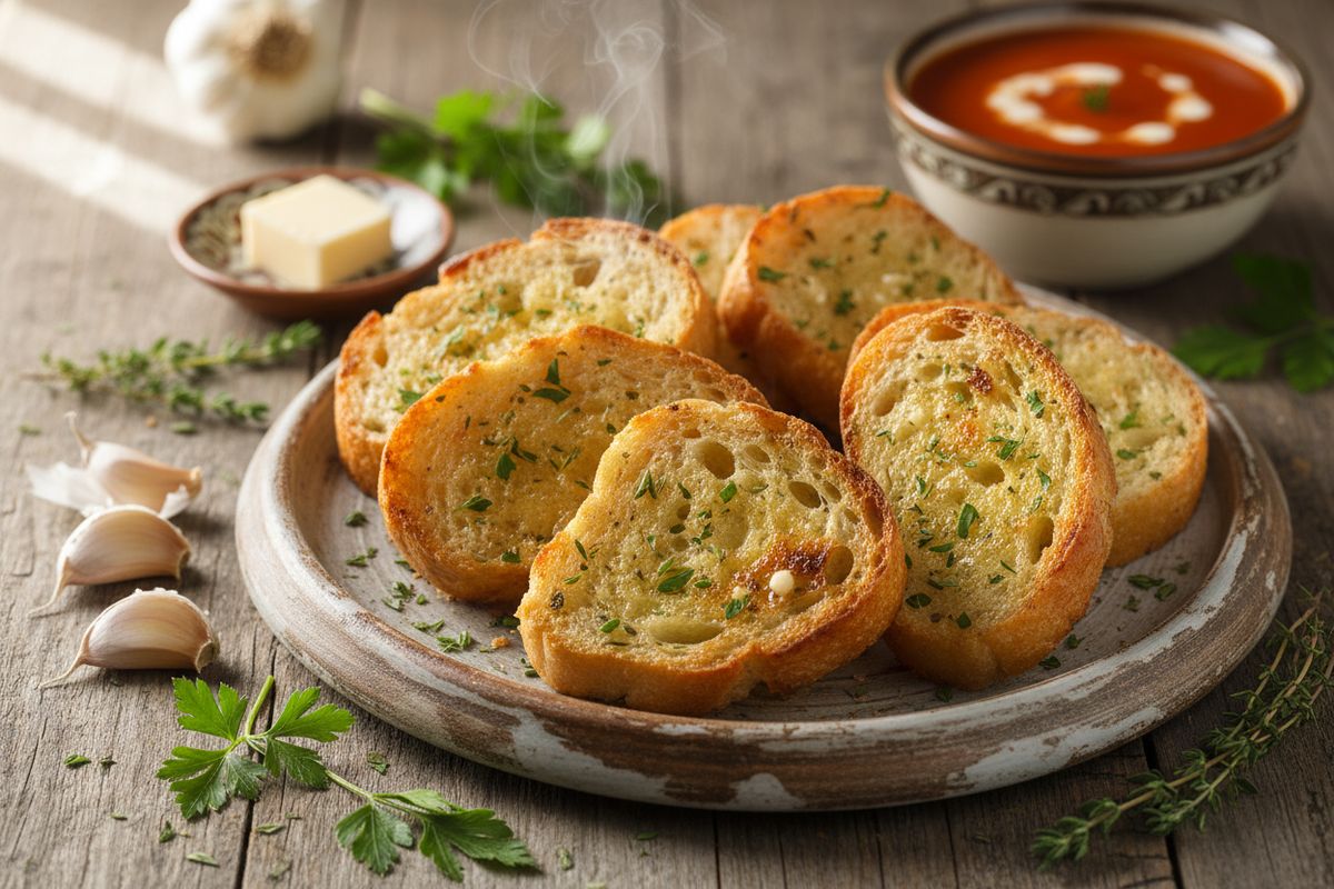 Rapeat ja aromaattiset yrtti-valkosipulileivät syntyvät uunissa nopeasti ja sopivat täydellisesti keittojen ja salaattien seuraksi.