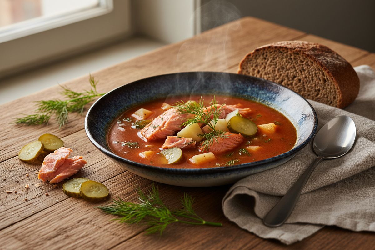 Tomaattipohjainen kalakeitto savulohella ja maustekurkulla – lämmin ja maukas arkiruoka suomalaiseen tapaan.