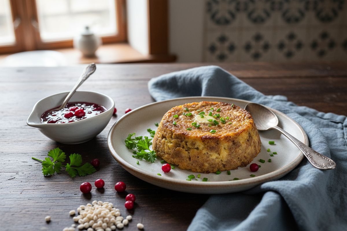 Perinteinen mummon maksalaatikko valmistetaan riisipuurosta ja jauhomaksasta ja tarjoillaan puolukkasurvoksen kera.