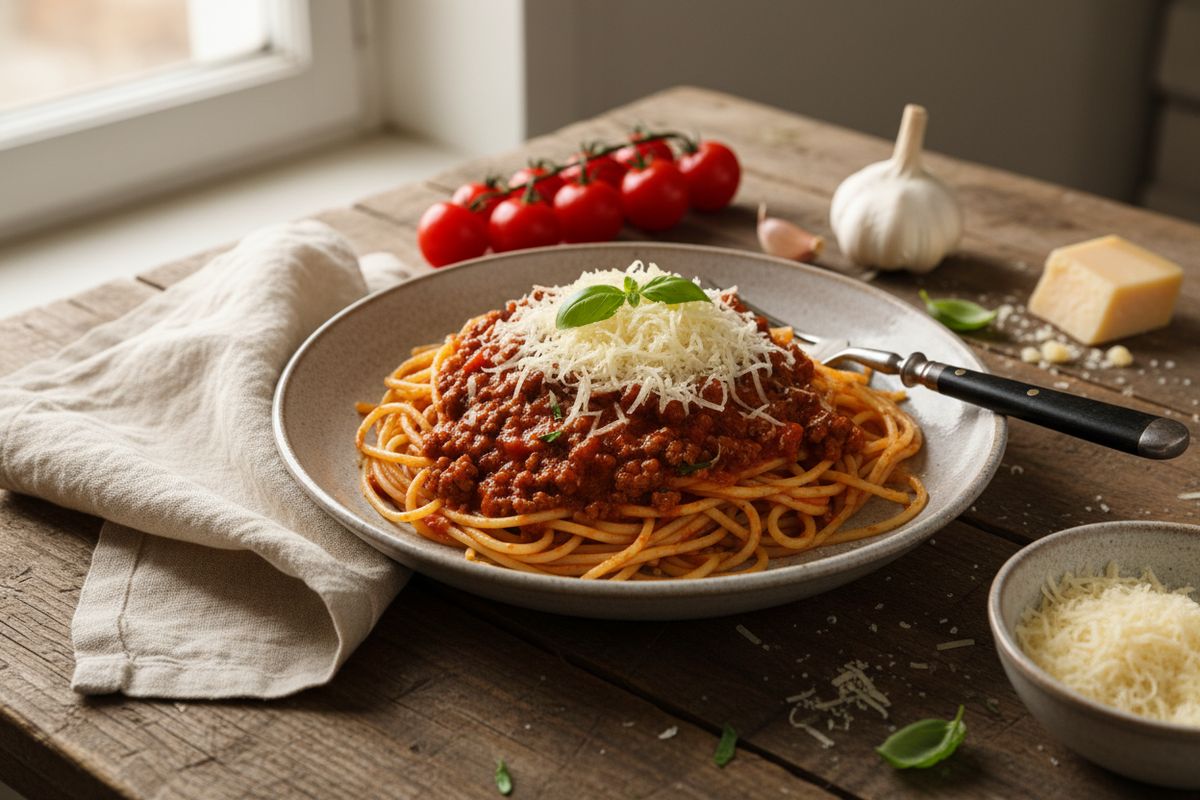 Täyteläinen ja samettinen arki-bolognese passeeratusta tomaatista ja jauhelihasta – helppo kotikeittiön klassikko koko perheelle.