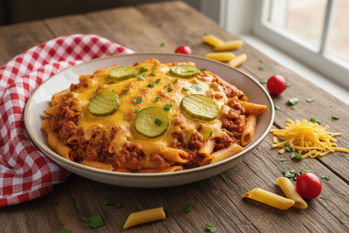 Juustoburgerpasta on täyteläinen ja helppo arkiruoka, jossa naudanjauheliha, tomaattikastike ja sulanut cheddar kohtaavat pastalla – tuttu hampurilaisen maku uudessa muodossa.