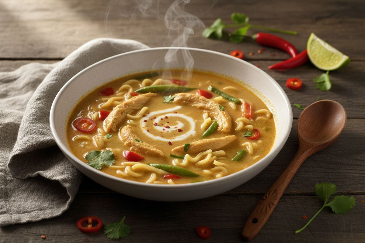 Kermainen ja aromaattinen kanakeitto kookoskermalla, currytahnalla ja nuudeleilla – helppo arkiruoka koko perheelle.