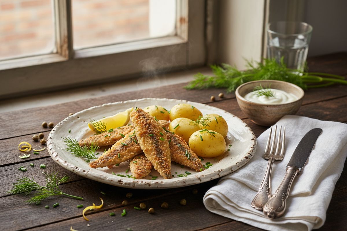 Jogurtissa ja Dijon-sinapissa marinoitu silakka paistettuna – nopea ja edullinen perinteinen suomalainen arkiruoka.