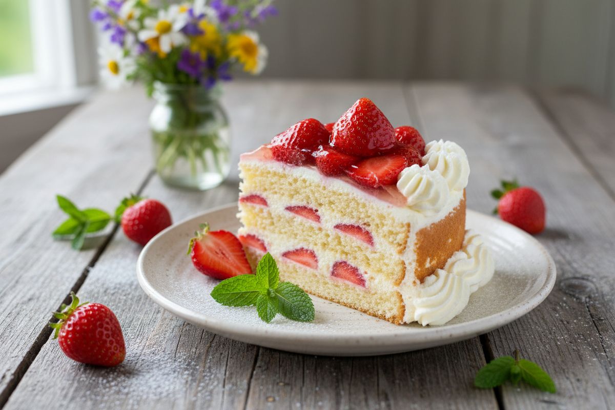 Perinteinen mummon mansikkakakku tuoreilla mansikoilla, ilmavalla kermalla ja sitrusmehulla kostutetulla kakkupohjalla – kesän rakastetuin jälkiruoka.