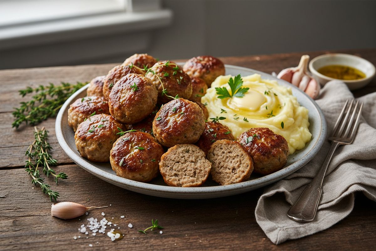Mehevät yrtti-valkosipulilihapullat pekonilla ovat perinteinen suomalainen arkiruoka, joka vie ajatukset mummon keittiöön.