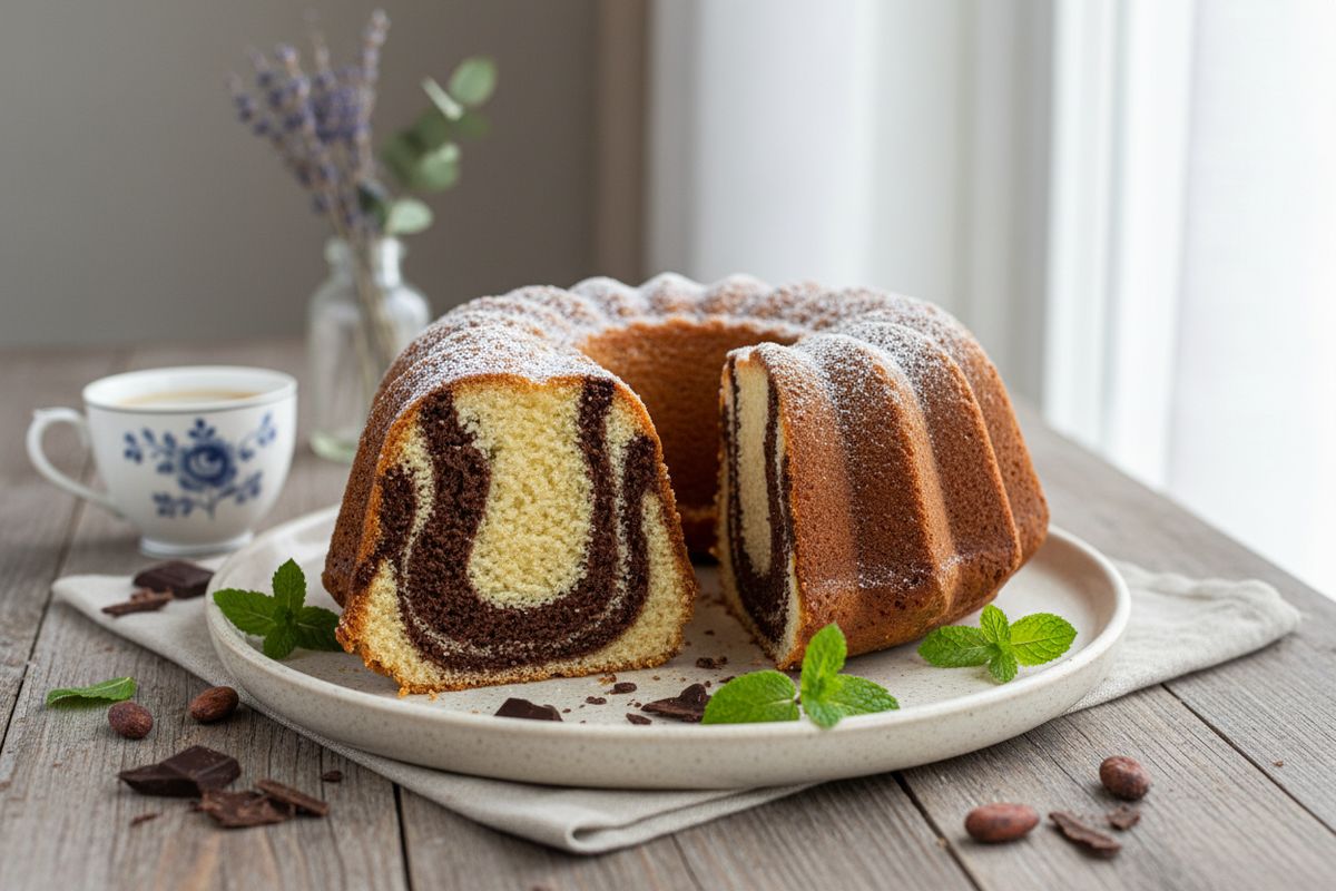 Perinteinen tiikerikakku kaakaoraitoineen – suomalaisen kahvipöydän rakastettu klassikko mummon reseptin mukaan.