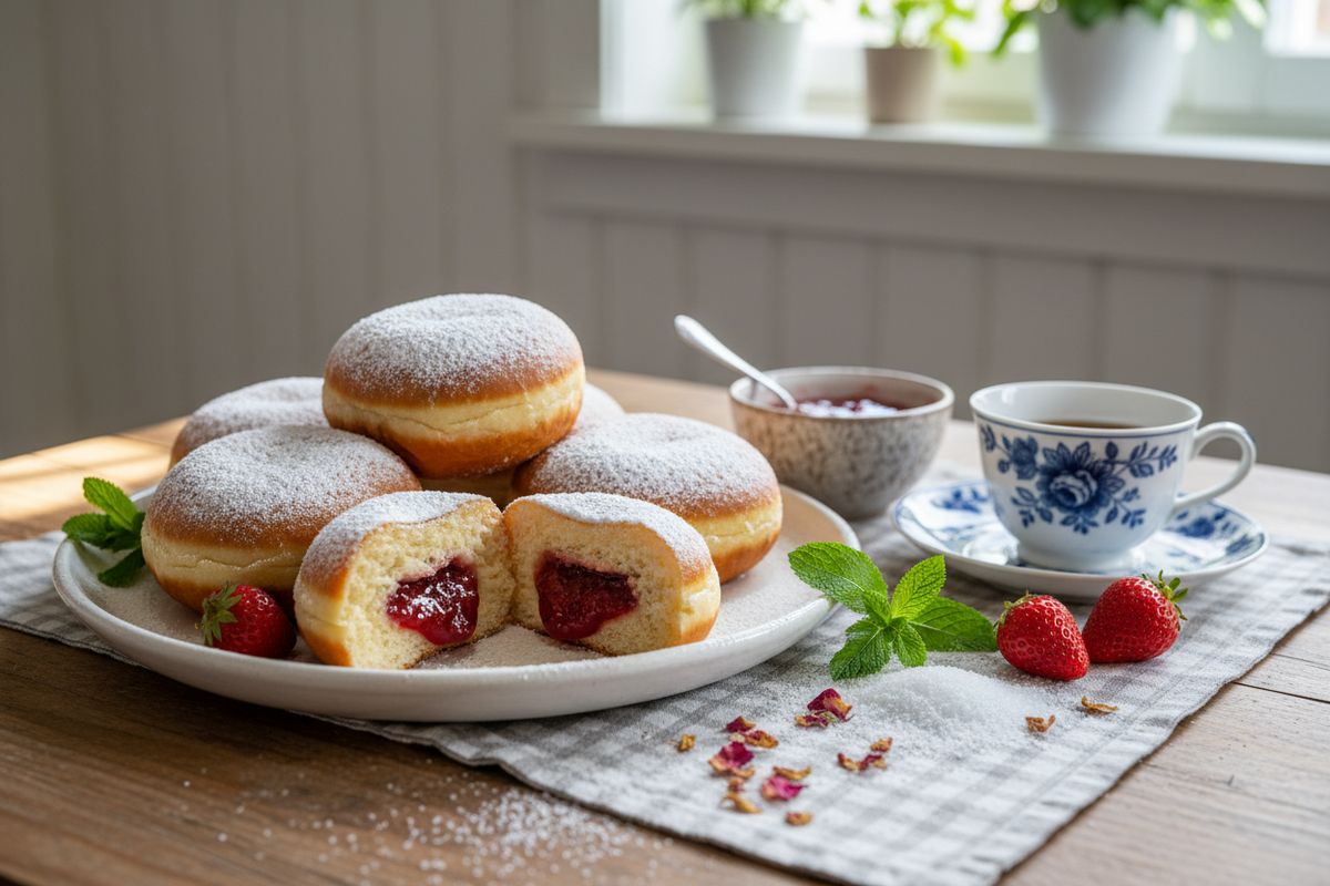 Pehmeitä, hillolla täytettyjä berliininmunkkeja mummon perinteisellä reseptillä – parasta kotileipomista.