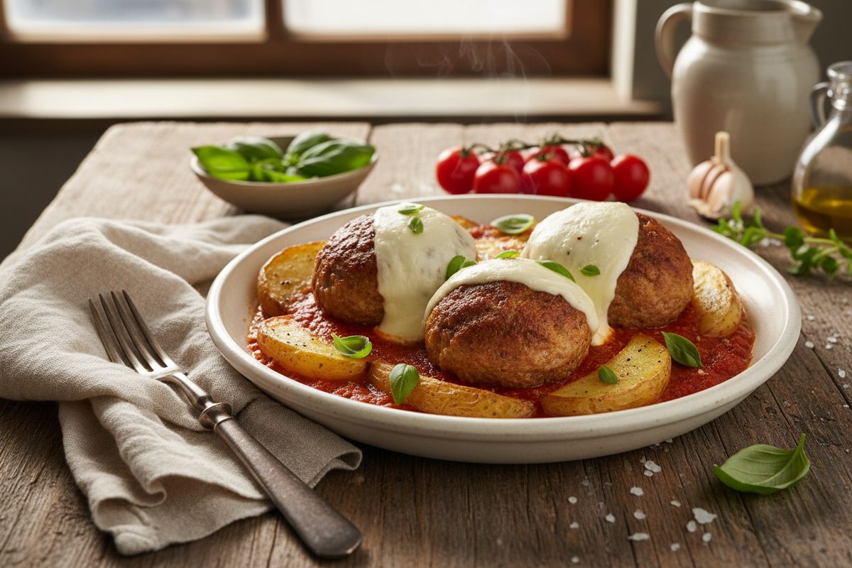 Täyteläinen lihapulla-fetavuoka, jossa mehevät kotitekoiset lihapullat, perunat ja mozzarella kypsyvät aromaattisessa tomaattikastikkeessa uunissa.