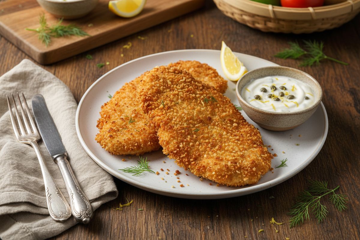 Rapea ja mehukas kanaschnitzel tarjottuna raikkaan jogurttikastikkeen, sitruunan ja kapriksien kera – klassinen arkiruoka uudessa loistossaan.