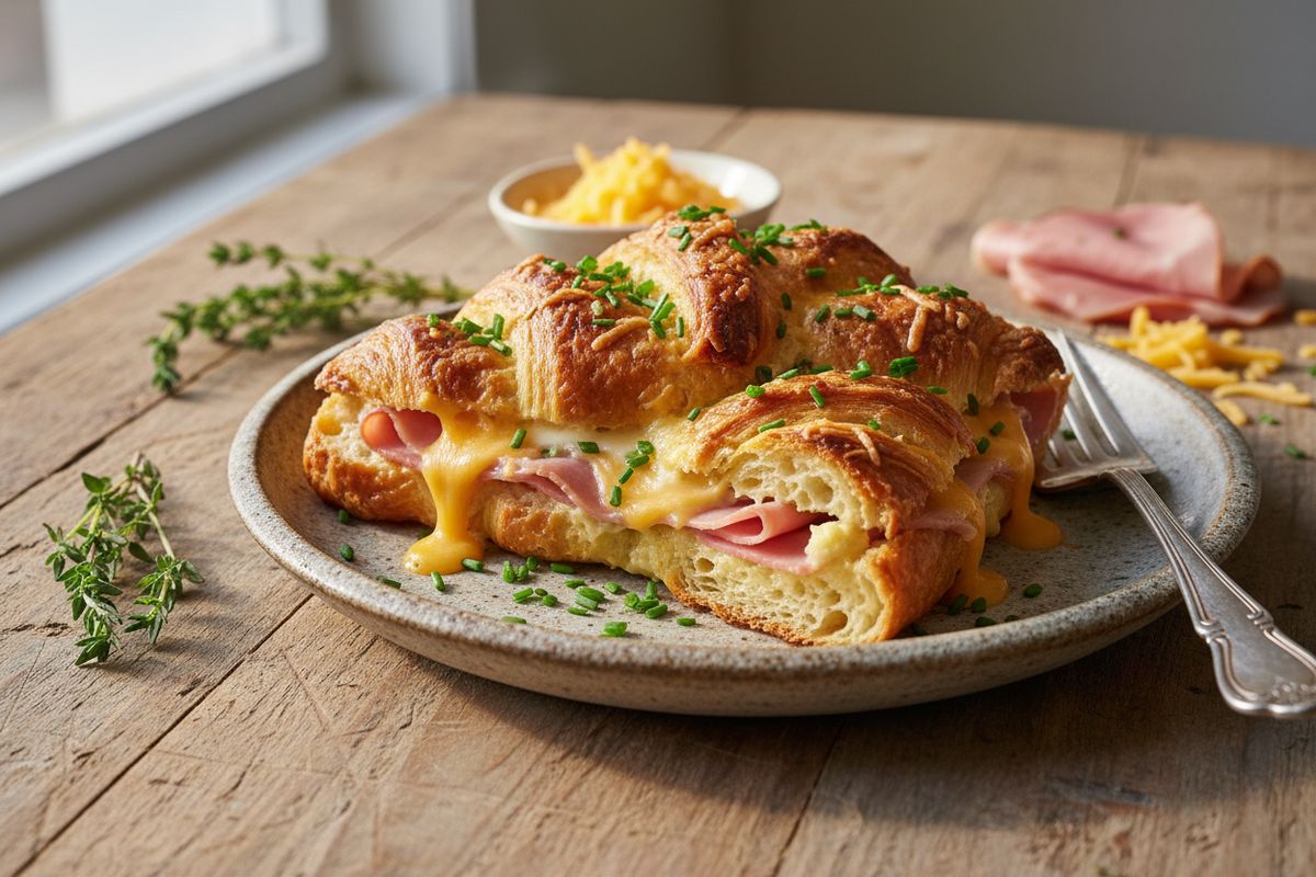 Suolainen croissant-uunivanukas kinkulla ja cheddarilla – helppo ja sydämellinen brunssiruoka koko perheelle.