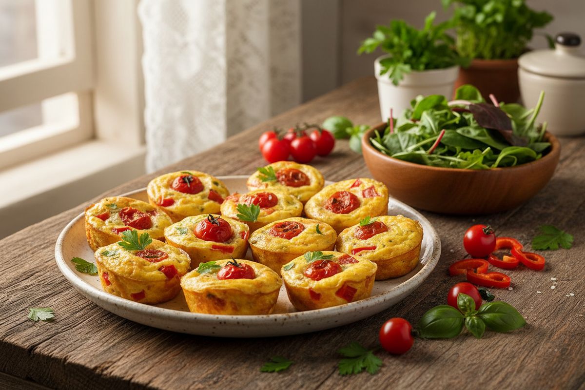 Helpot ja gluteenittomat munakasmuffinit valmistuvat muffinivuoassa uunissa – täytteeksi sopivat kasvikset, kinkku, tonnikala tai kylmäsavulohi.