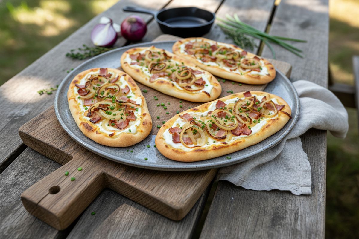 Rieska-tarte flambée grillissä on nopea ja ihastuttava mökkiherkku, jossa ohut rieska paahtuu kermaviilillä, pekonilla ja sipulilla täydellisen rapeaksi.