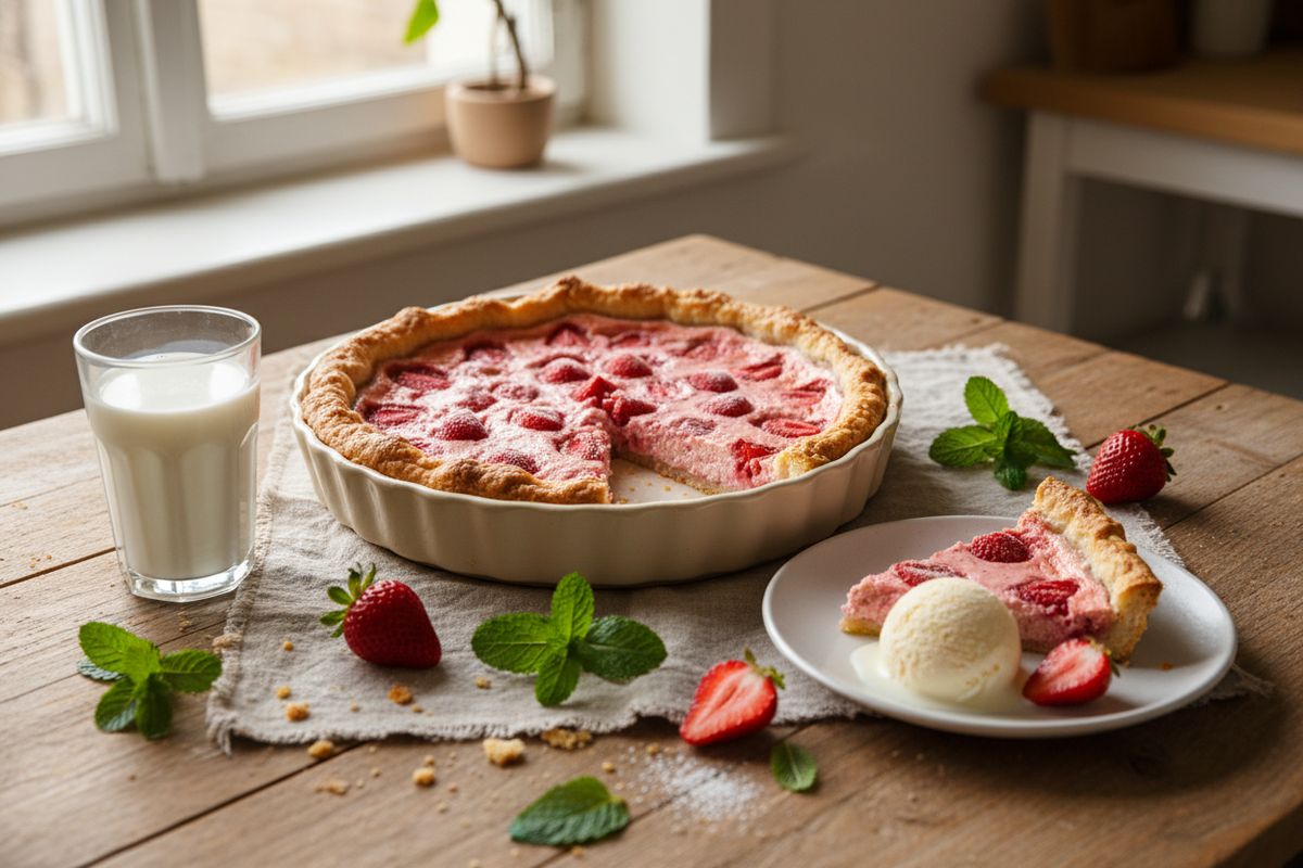 Perinteinen mansikkapiirakka pehmeällä rahkatäytteellä — helppo ja herkullinen kotileipurin klassikko, joka lohduttaa aina.