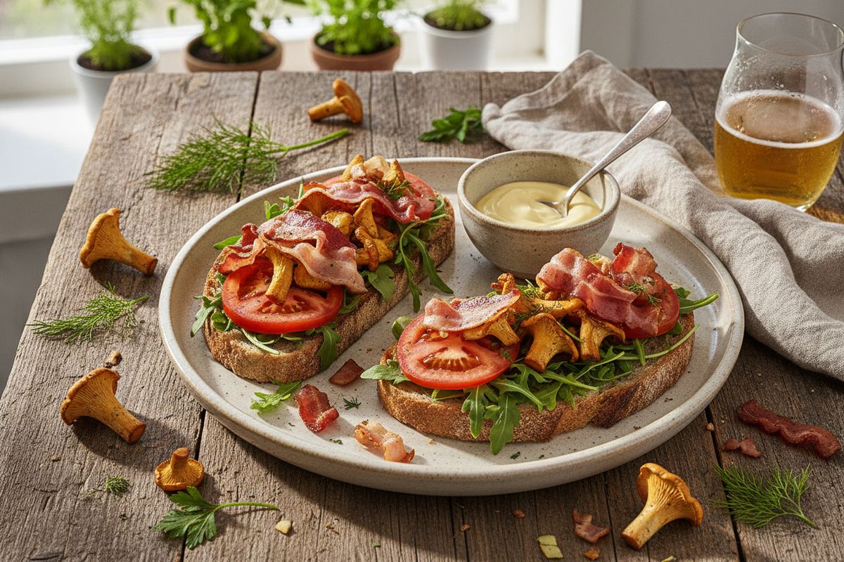 Tuoreista kantarelleista ja rapeasta pekonista valmistuva maalaisleipätoast, joka on kesäsesongin yksinkertainen herkku.