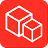 White outlined icon of two interconnected cubes on a red background.