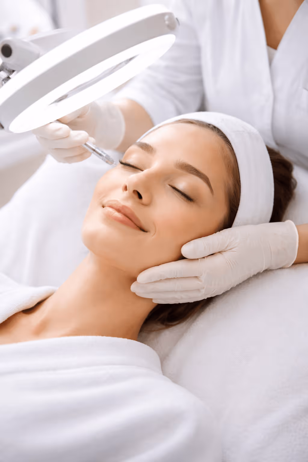 Licensed aesthetician performing an acne treatment facial in Trinity, FL to gently clear pores and calm inflamed skin