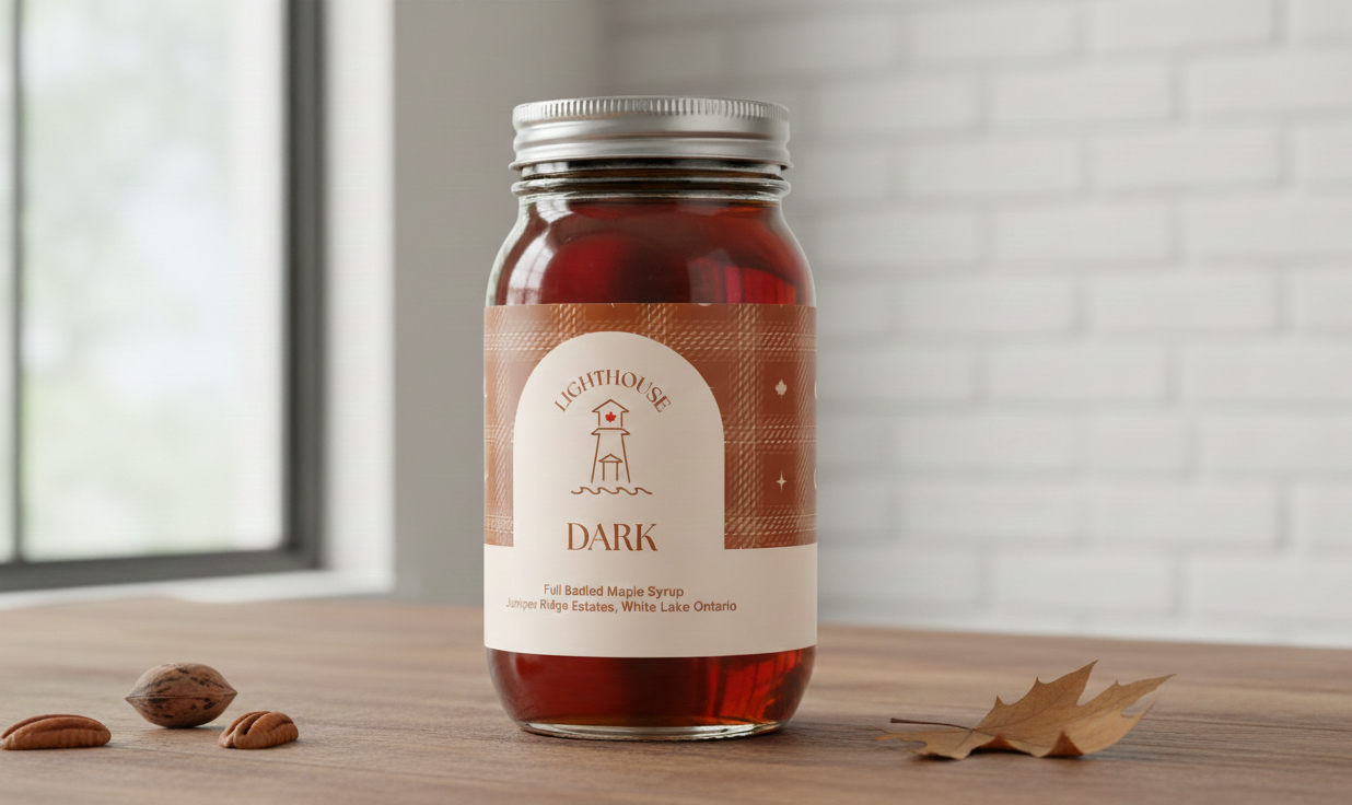 Lighthouse Dark maple syrup in a mason jar mockup