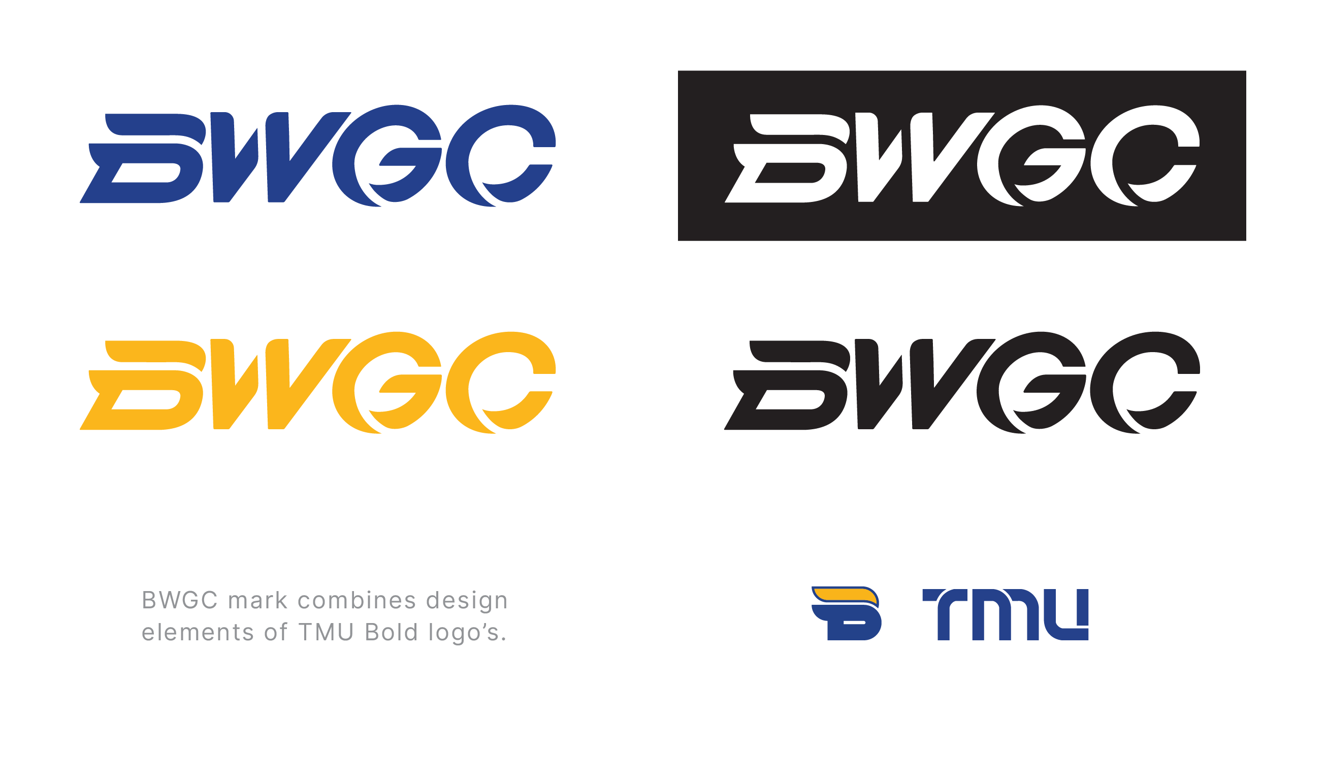 Four seperate BWGC logo's in different colours. Blue, white on black background, gold, and black.