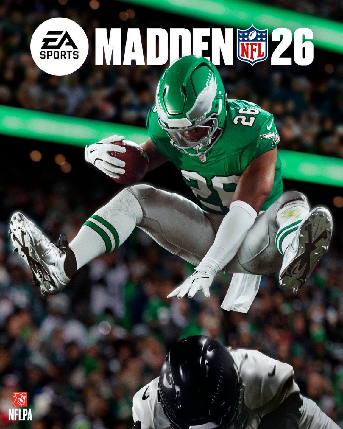 De officiële Madden NFL 26 game cover. Saquon Barkley in mid-air tijdens zijn backwards hurdle.