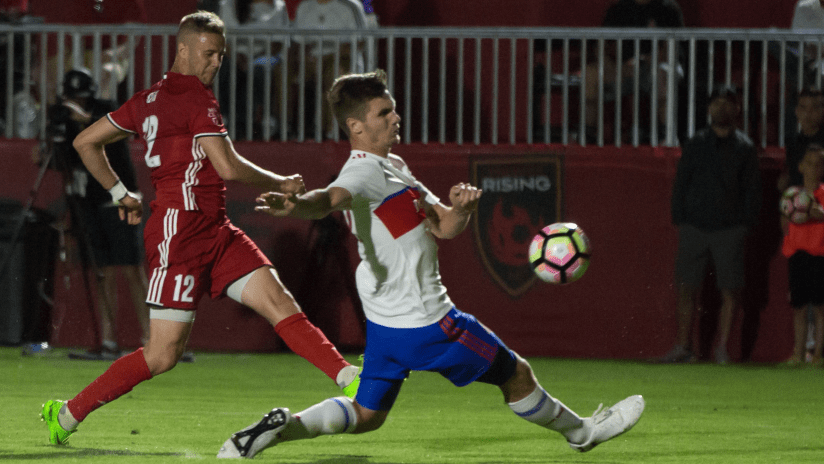 Brandon Aubrey tijdens een wedstrijd bij de tweede klasse van Toronto FC.
