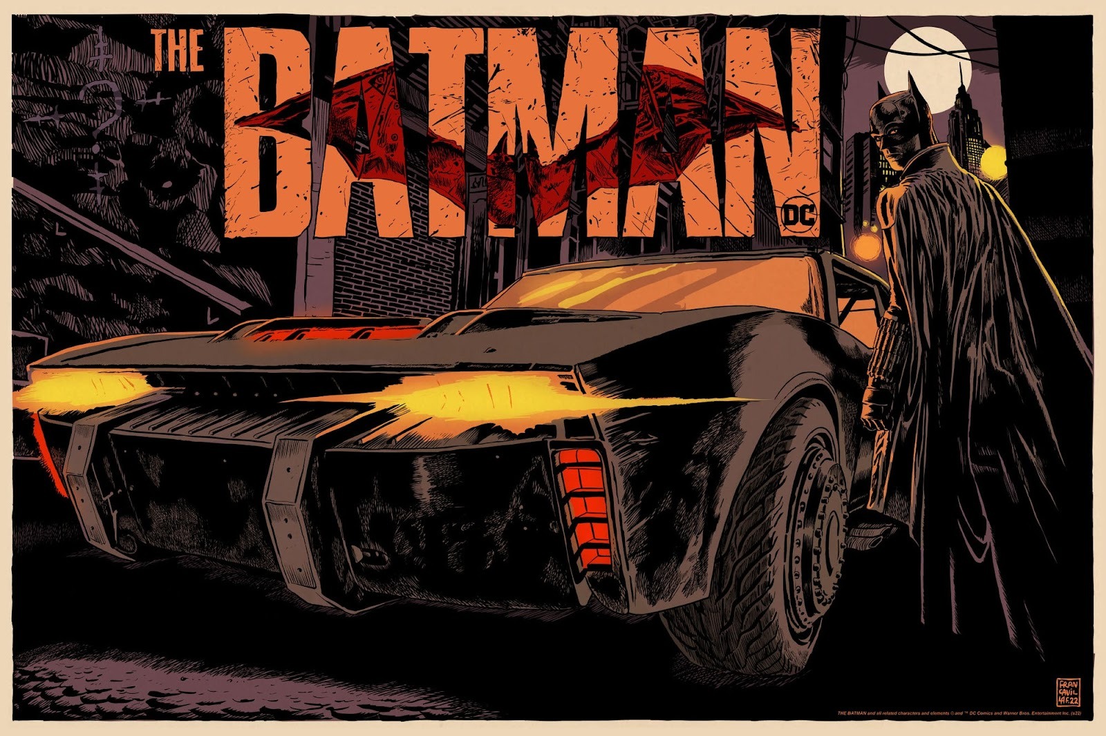Een Batman comic van DC. Batman staat naast zijn Batmobile met Gotham City op de achtergrond.