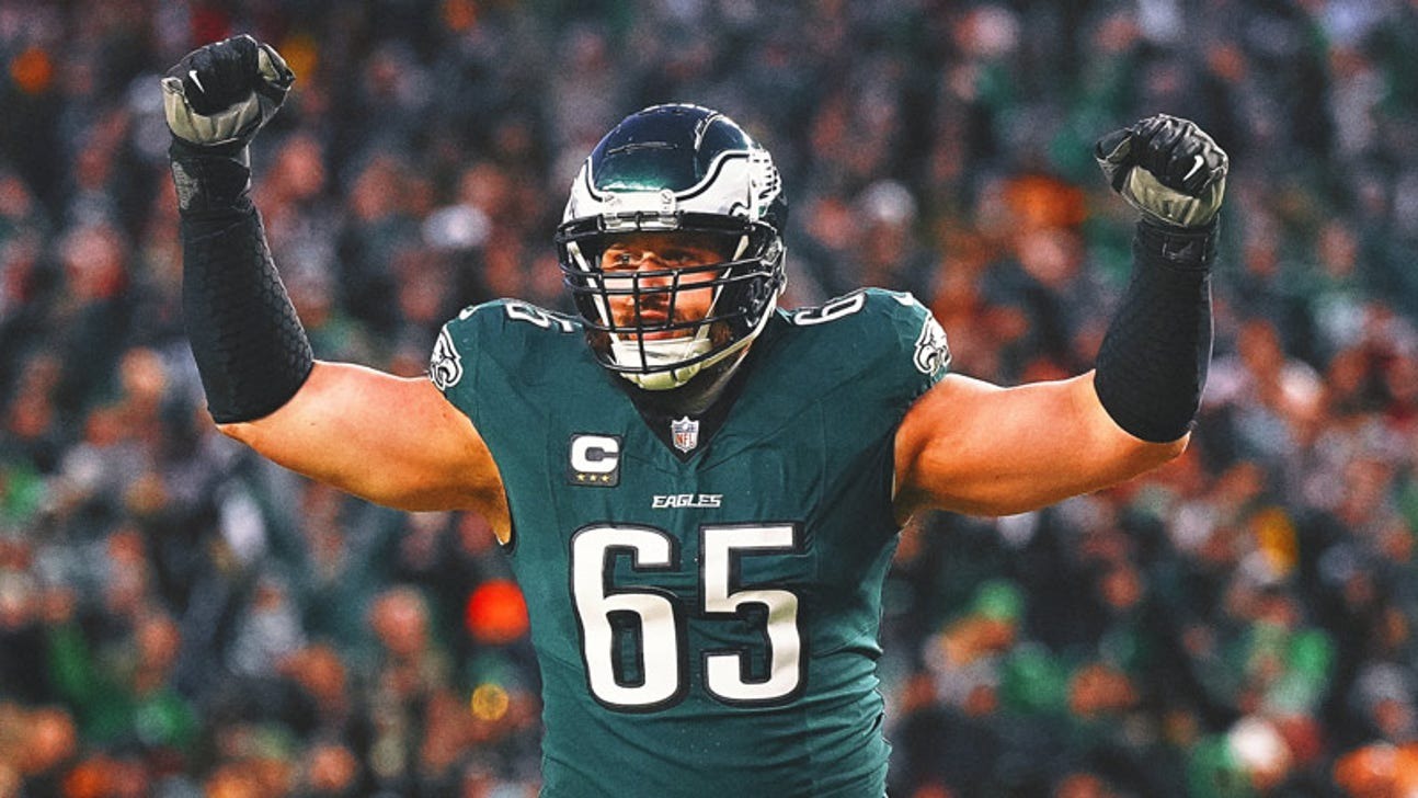 Lane Johnson (65) uitgerust in Eagles gear tijdens game day.