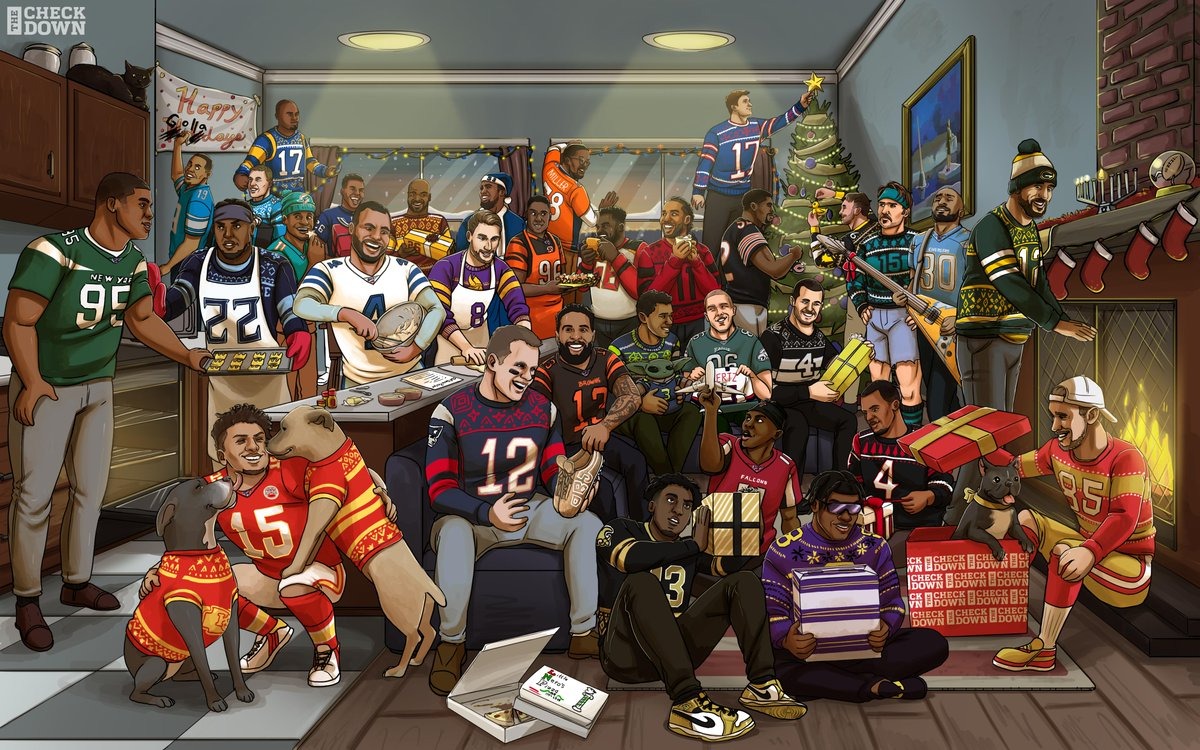 Graphic in Kerst setting met bekende gezichten van elk NFL team.