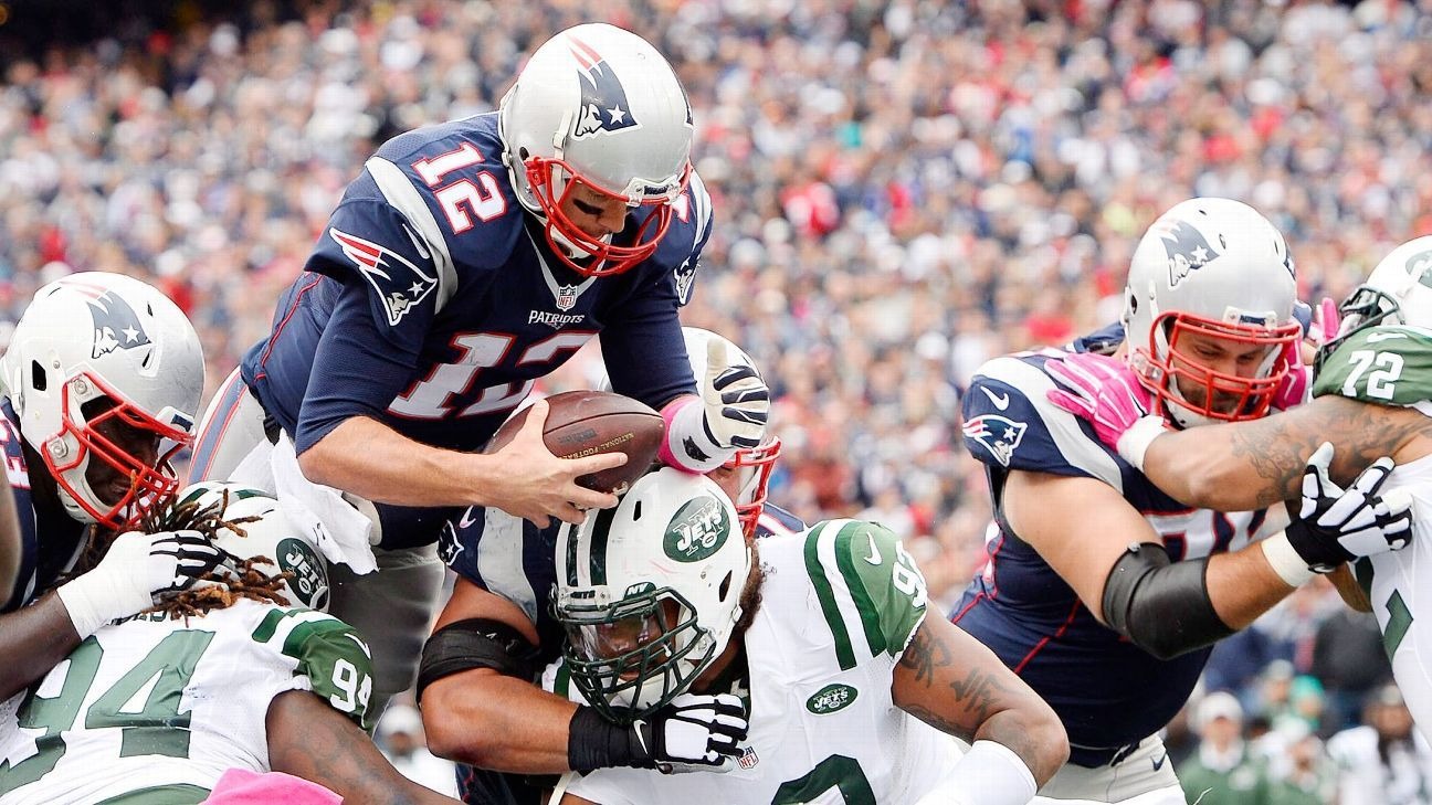 Tom Brady met de QB keep tegen de New York Jets.