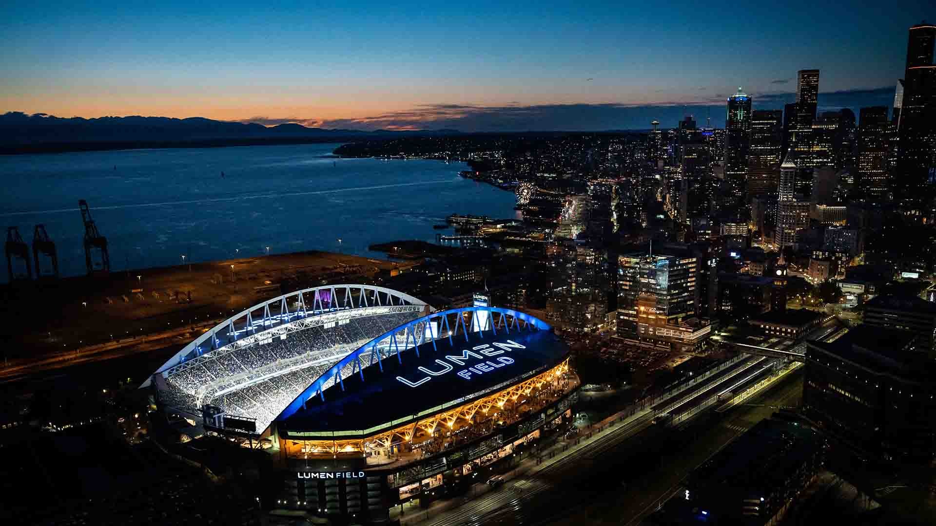 Een luchtfoto van het Lumen Field in Seattle.