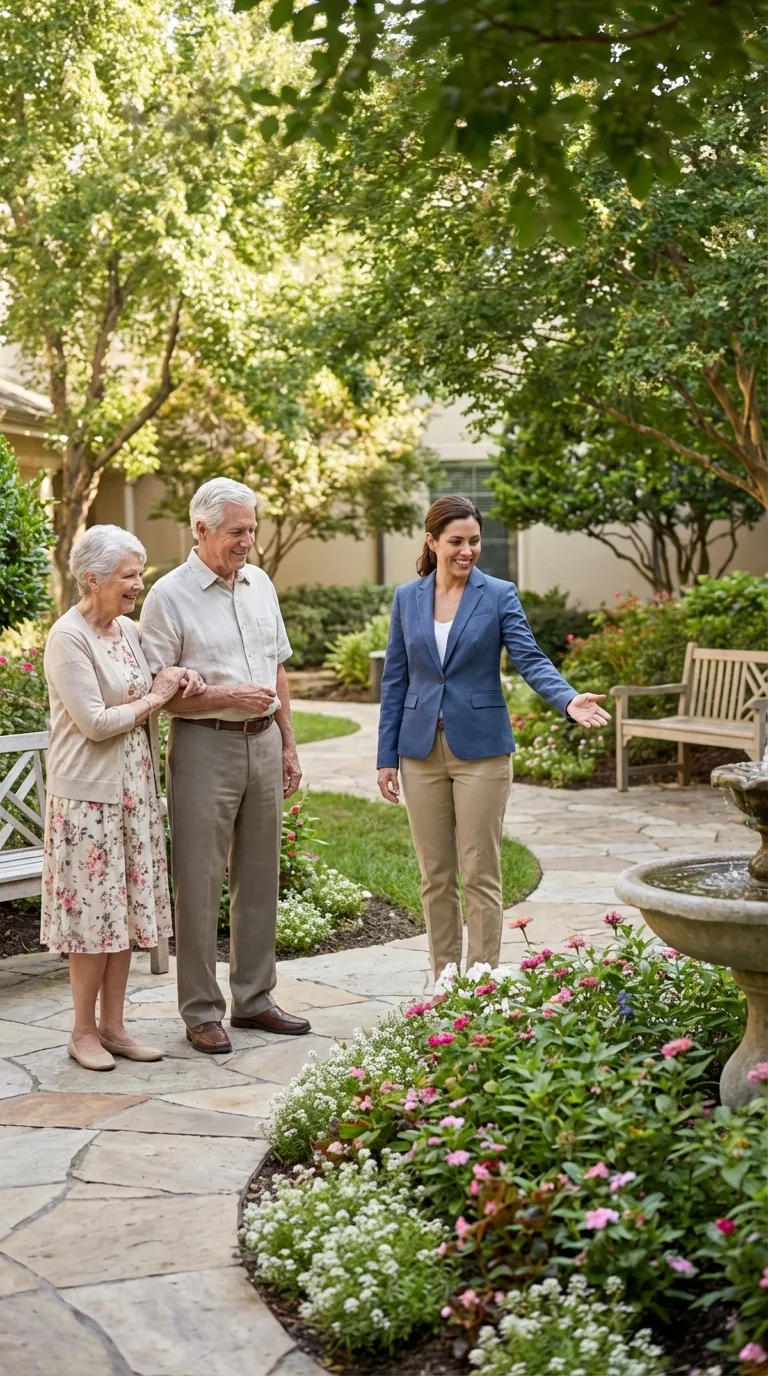 Outdoor garden area at a senior living community that partners with PatientPay for payment solutions