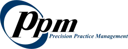 Precision Practice Management logo featuring PatientPay healthcare payment partnership