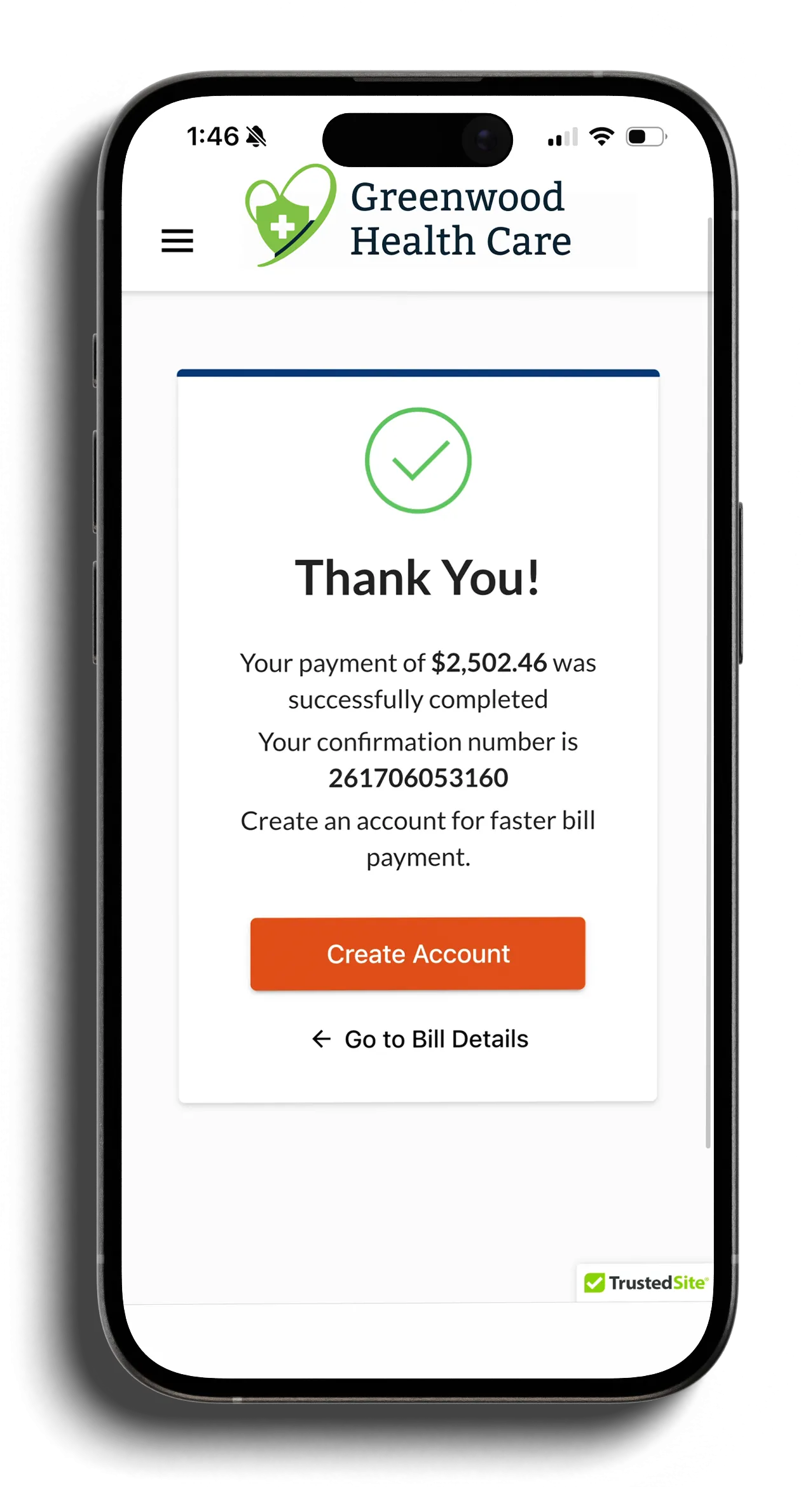PatientPay Step 4 payment confirmation screen after a successful healthcare bill payment