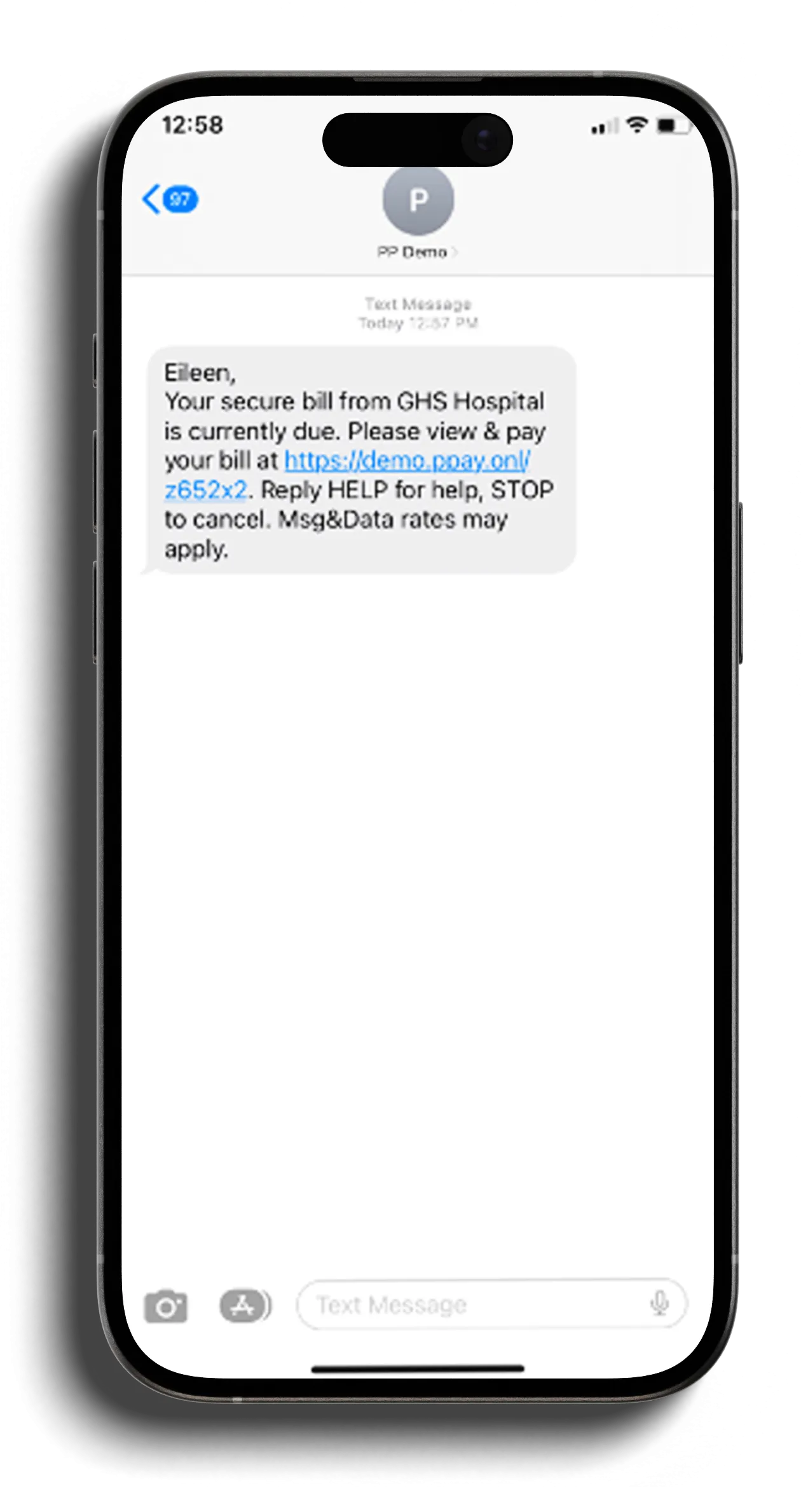 PatientPay Step 1 text message notification prompting a patient to view and pay their healthcare bill