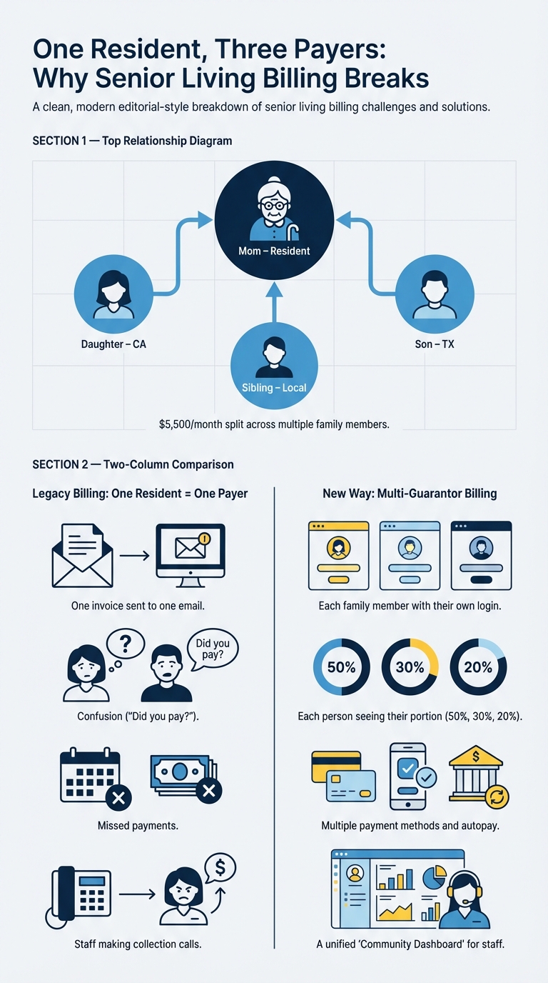 Infographic showing how multi-guarantor billing for senior living communities improves family coordination and reduces manual collections.